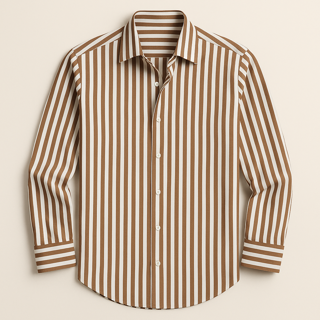 Full front view of a men's modern striped polo shirt, ideal for smart casual or business style outfits.