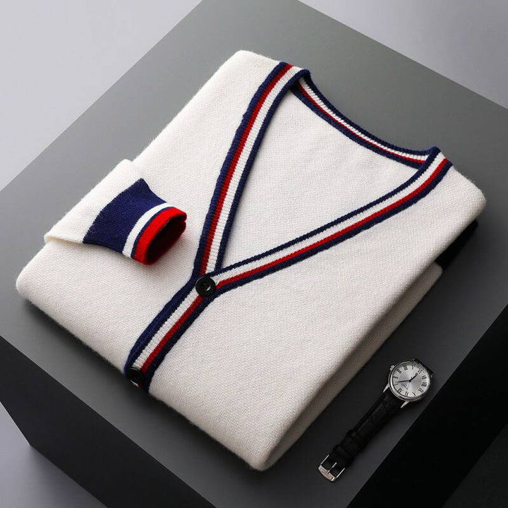 Long-sleeve men's button-down V-neck cardigan with stripes. Ideal fall & winter layering for comfort.