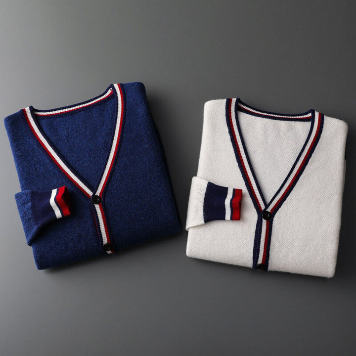 Versatile men's striped V-neck cardigan. Smart casual knitwear, great layering for all seasons.