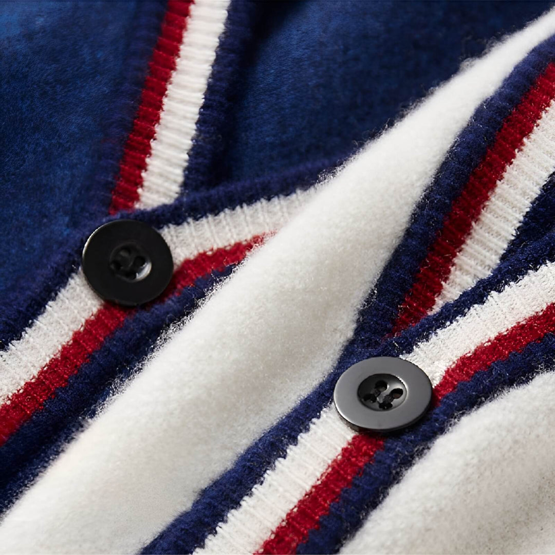 Soft, cozy men's striped V-neck cardigan. Stylish button-down long-sleeve sweater, perfect for casual style.