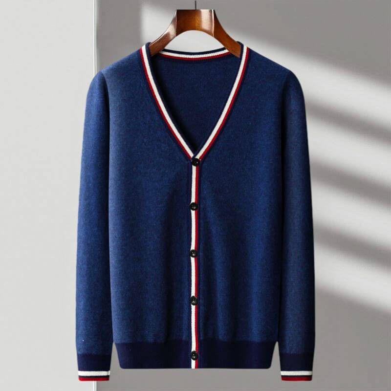 Detail shot: Men's striped V-neck button-down cardigan. Classic knitwear for a versatile, stylish layering look.
