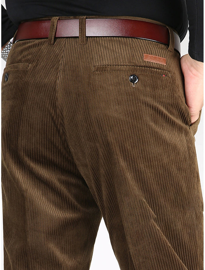 Stylish men's ribbed pants, offering a structured fit and comfortable fabric for modern casual outfits.