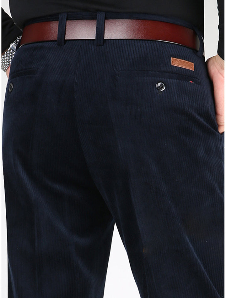 Close-up of structured men's pants showing the unique ribbed texture, great for a sophisticated casual outfit.