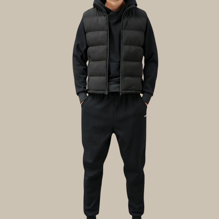 Men's stylish black gilet, perfect for smart casual layering over shirts or jumpers.