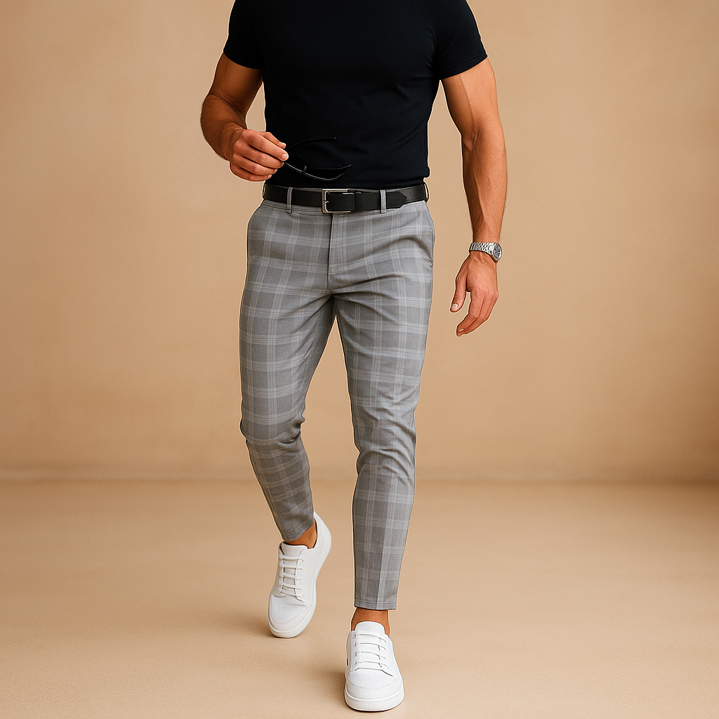Men's stylish blue checkered casual pants, perfect for modern men's fashion. Comfortable and versatile trousers.