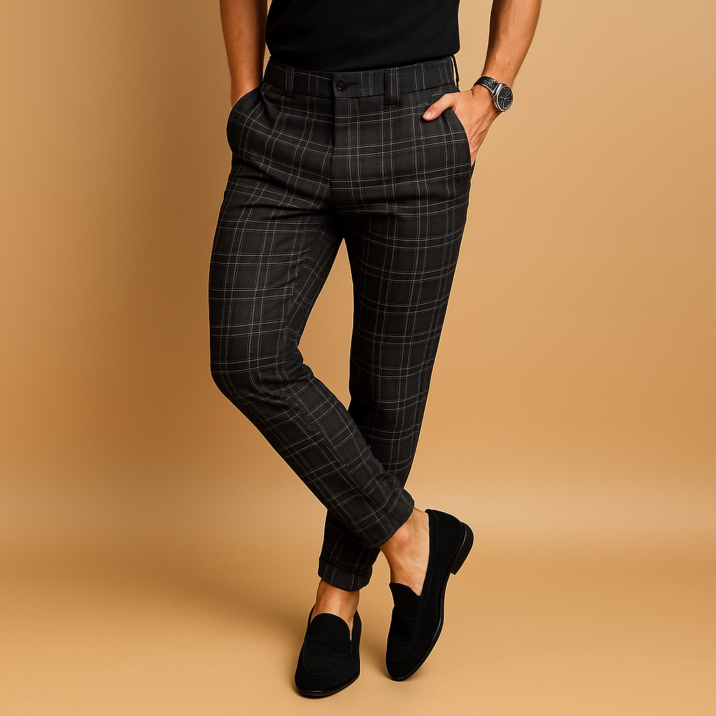 Comfortable khaki checkered men's pants, ideal for smart casual wear, travel, or everyday comfort.