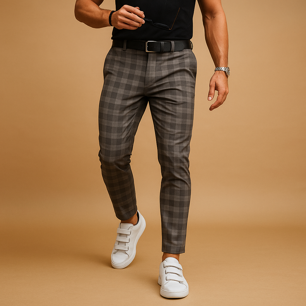 Versatile gray checkered men's casual pants, offering both style and comfort for diverse occasions.