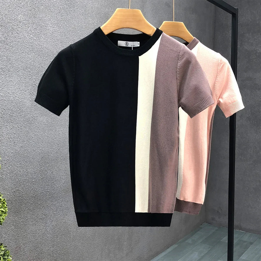 Comfortable men's color block crewneck sweater, a modern long sleeve pullover, perfect for casual wear.