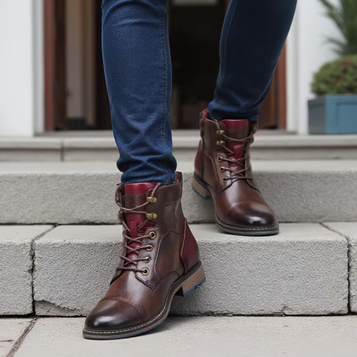 Men's stylish dark brown lace-up cap toe ankle boots, perfect for casual or dress wear.