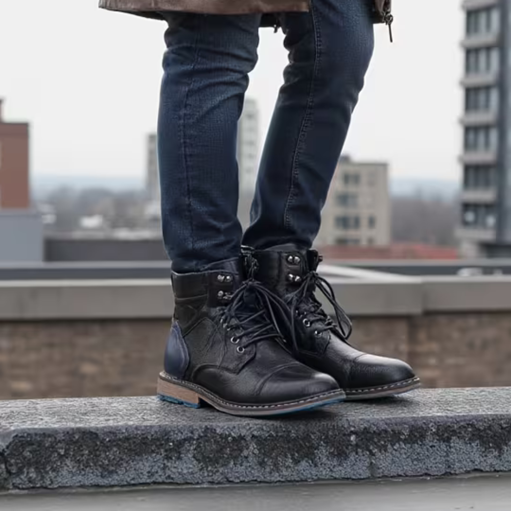 Black leather men's cap toe ankle boots with lace-up design for fashion-forward footwear.