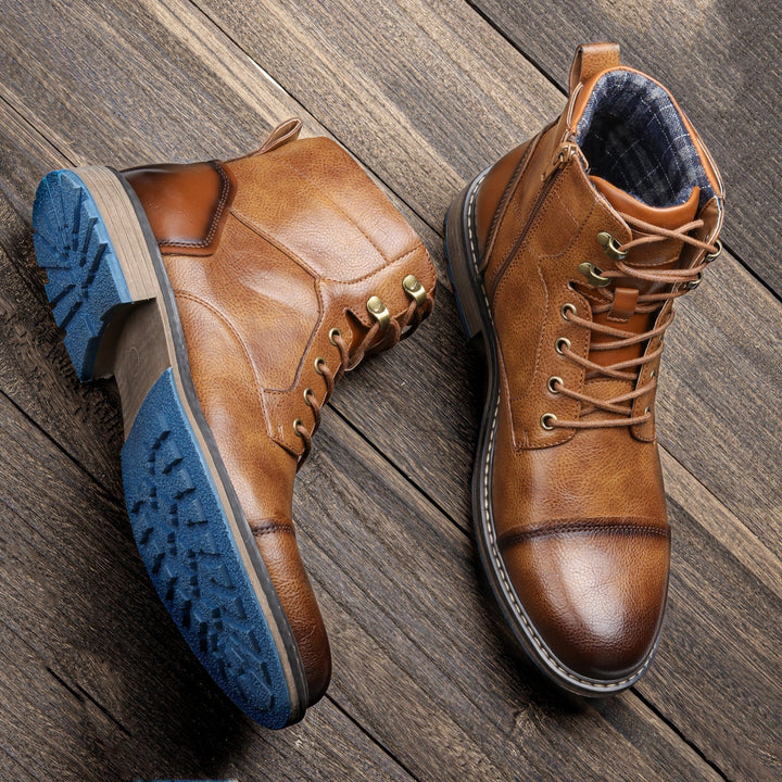 Light brown men's cap toe ankle boots, ideal for mens fashion, casual or dressy occasions.