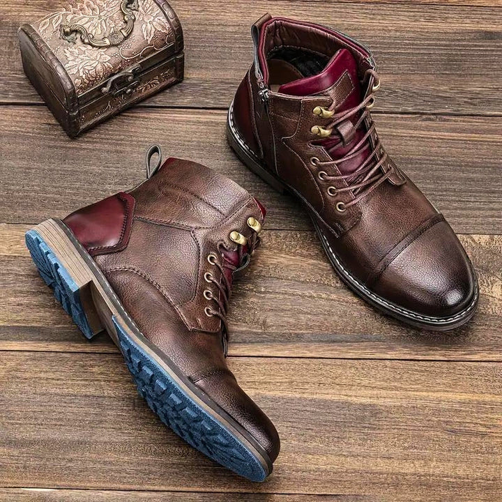 Versatile mens cap toe ankle boots for dress or casual wear, featuring comfortable lace-up design.