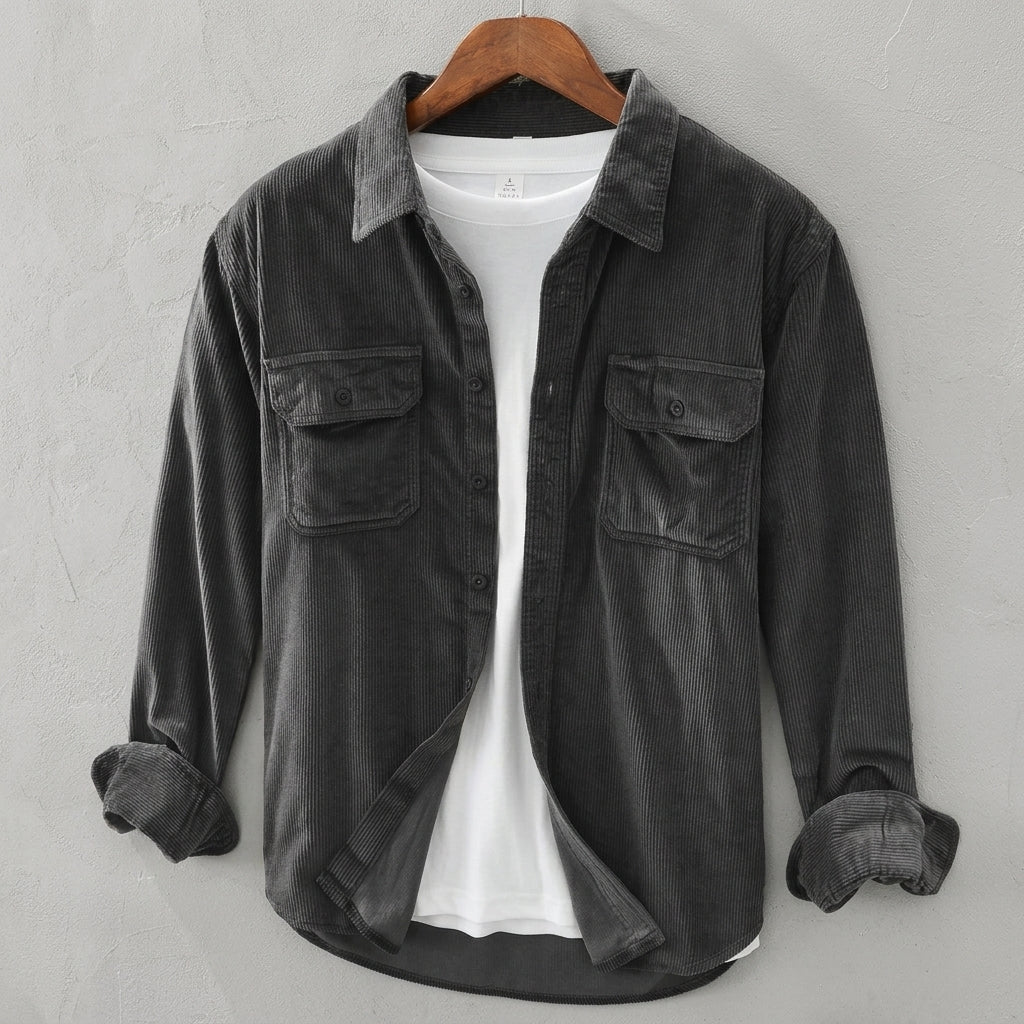 Men's stylish gray button-up overshirt, a modern fit layering essential for smart casual all-season wear.
