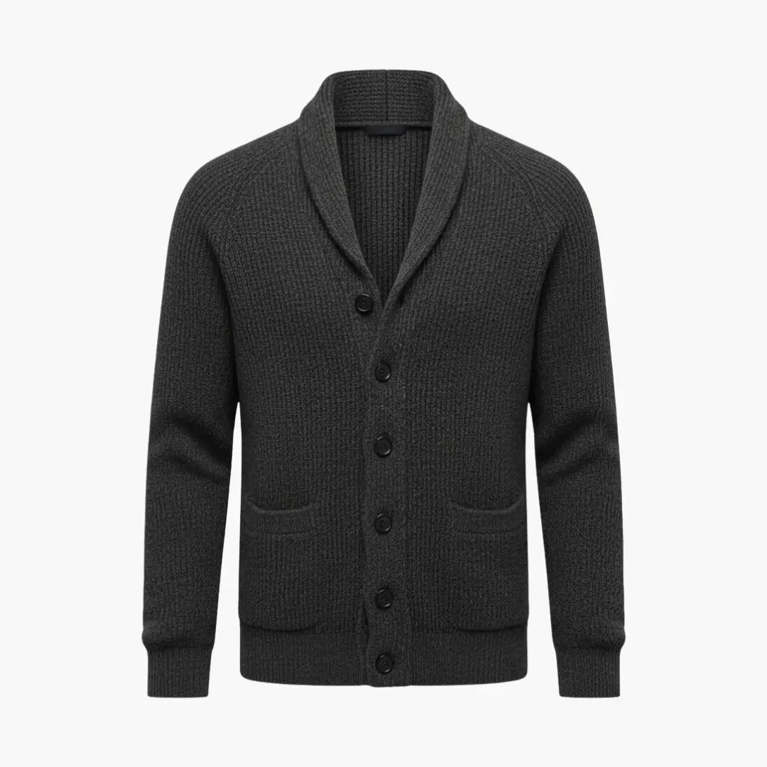 Men's stylish gray shawl collar button-front cardigan sweater, perfect for casual layering.
