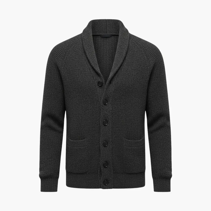 Men's stylish gray shawl collar button-front cardigan sweater, perfect for casual layering.