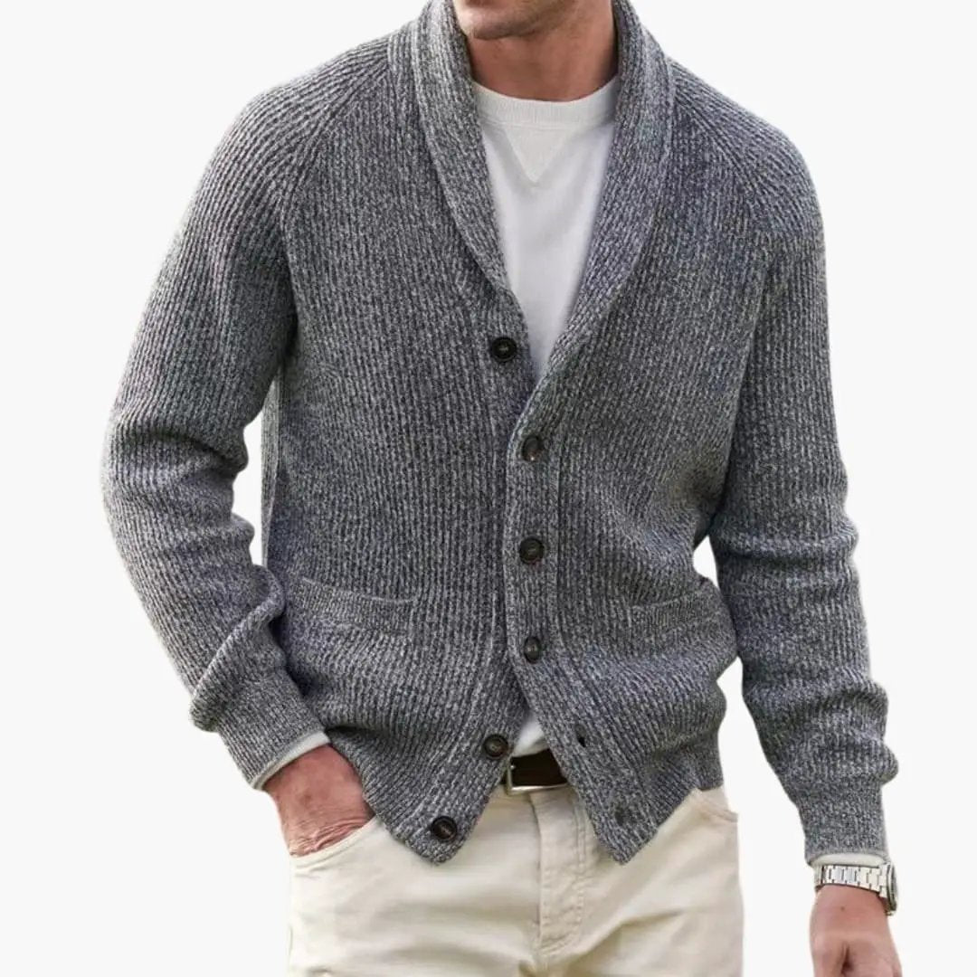 Soft knitted men's cardigan with an elegant shawl collar and functional buttons, great for outerwear.
