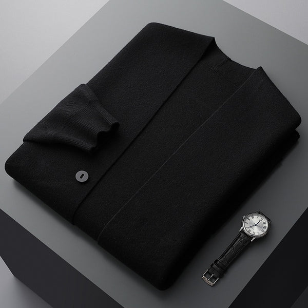 Sophisticated men's layering piece: a comfortable, lightweight long sleeve cardigan with stylish pockets.