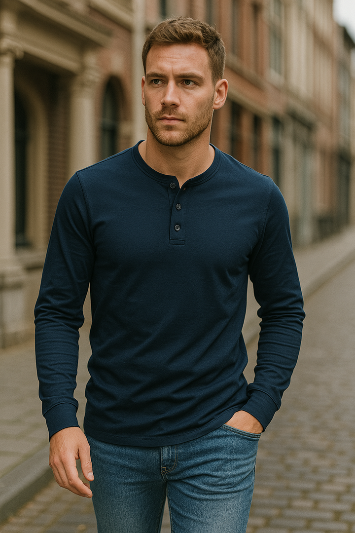 Back view of a men's long sleeve henley shirt, emphasizing its comfortable fit and casual men's fashion