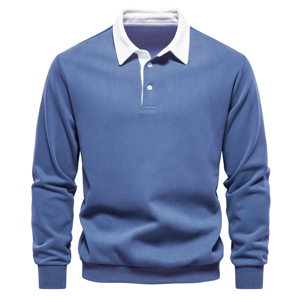 Men's long sleeve rugby shirt with button placket, durable cotton, stylish and comfortable pullover.