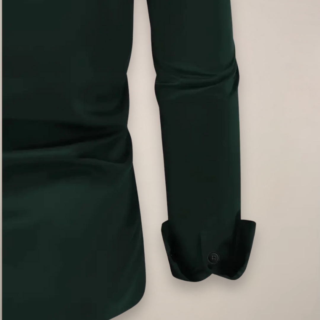 Modern men's casual shirt with a collared neckline and slim fit, excellent for spring fashion and versatile styling.