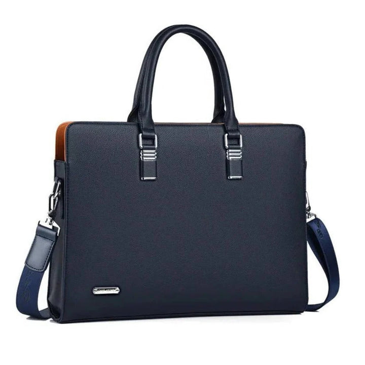 Interior of a men's laptop messenger bag showing compartments for 14-15 inch devices & accessories.