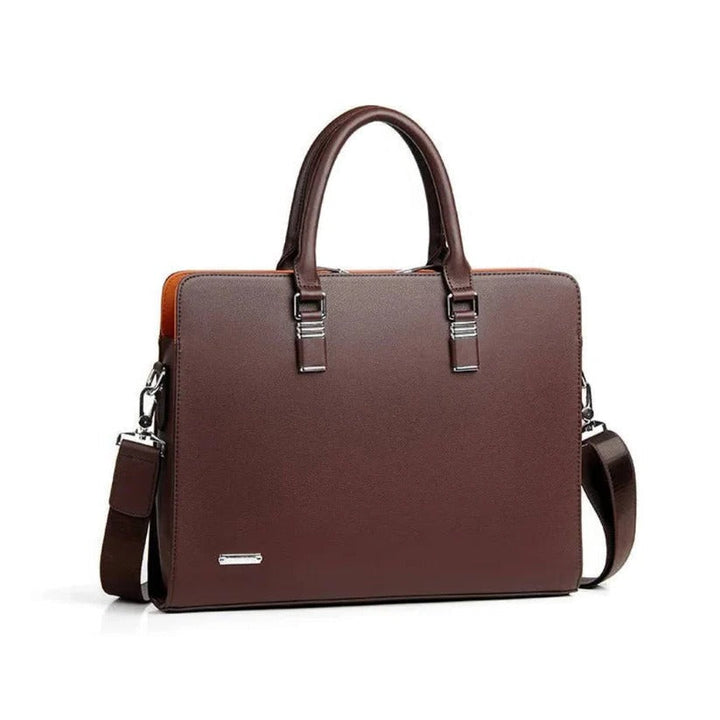 Man carrying a professional men's messenger bag, perfect for 14-15 inch laptops, work & travel.