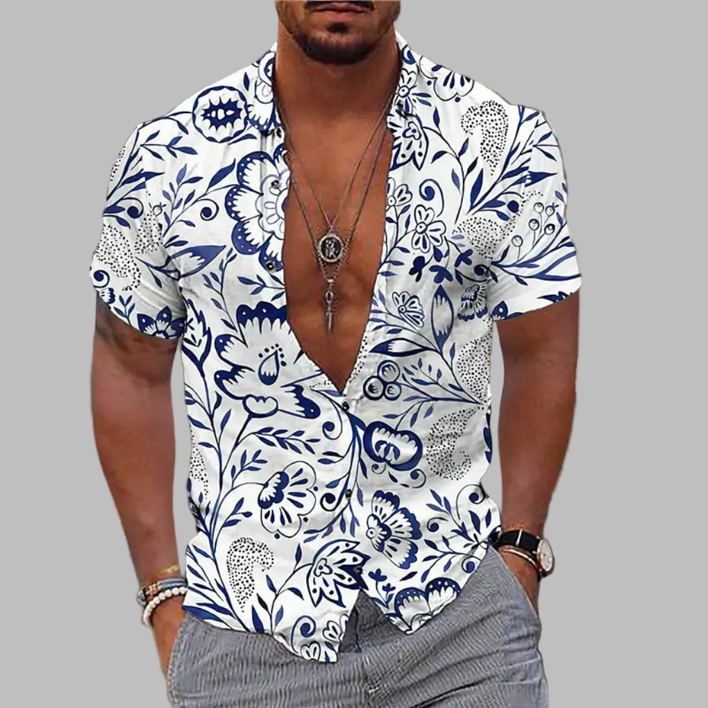 Men's stylish printed casual short sleeve shirt, perfect for summer vacations and trendy beach wear.