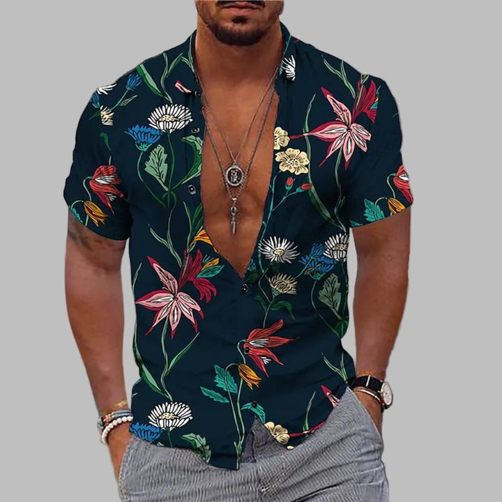 Stylish men's printed casual shirt. Ideal for summer fashion, beach outfits, and holiday wear.