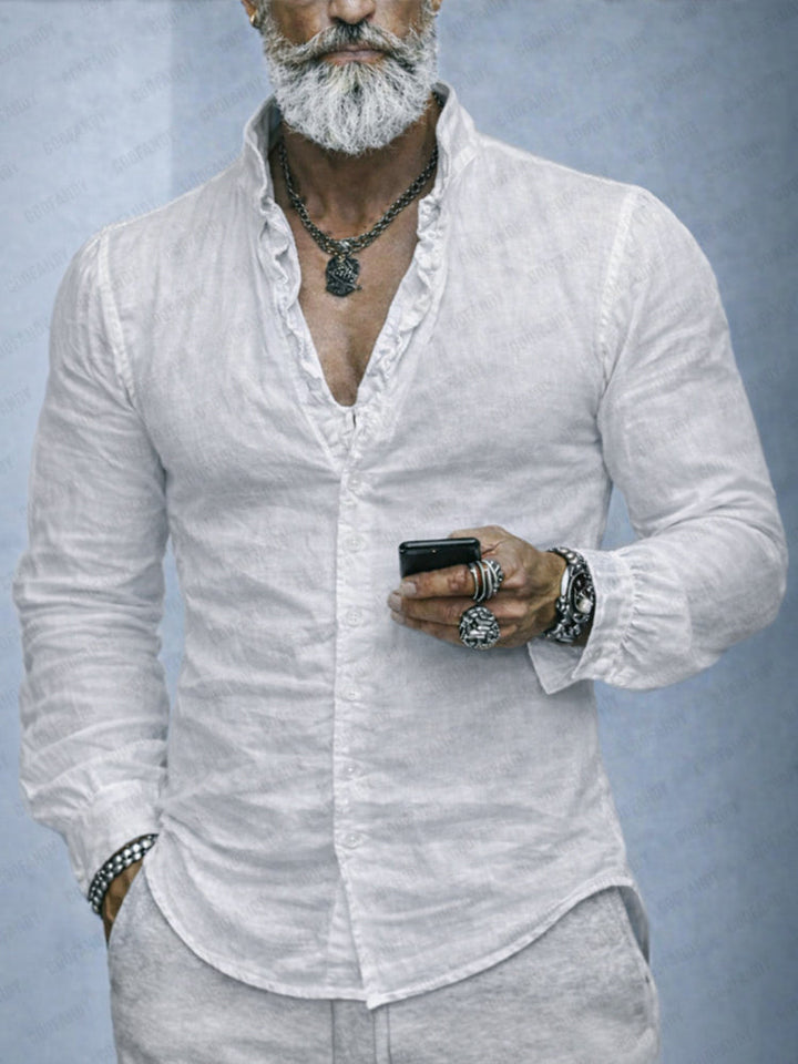 Men's stylish ruffled neck slim fit long sleeve button-up shirt, perfect for elegant casual wear and modern fashion.