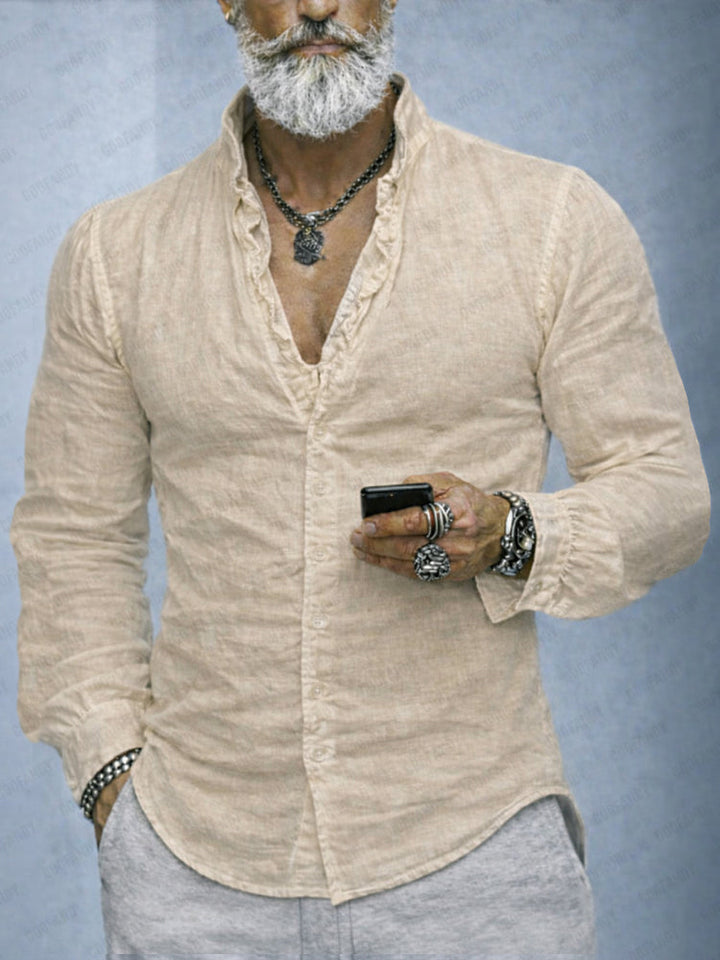 Fashionable men's slim fit long sleeve button-up shirt with elegant ruffled neck, ideal for stylish casual outfits.