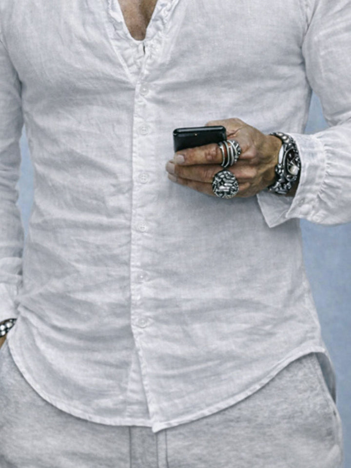Elegant men's ruffled collared long sleeve slim fit shirt. A fashionable button-up top for modern casual style.