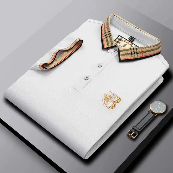 Close-up of fabric texture on men's short-sleeve polo shirt, emphasizing everyday comfort and quality.