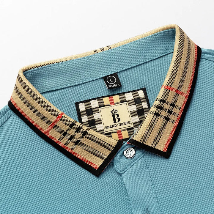 Close-up of collared shirt on a men's stylish short-sleeve polo, highlighting quality and classic fit.