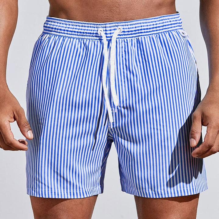 Men's Striped Drawstring Swim Trunks: comfortable, quick-dry swimwear for stylish summer beach & pool days.