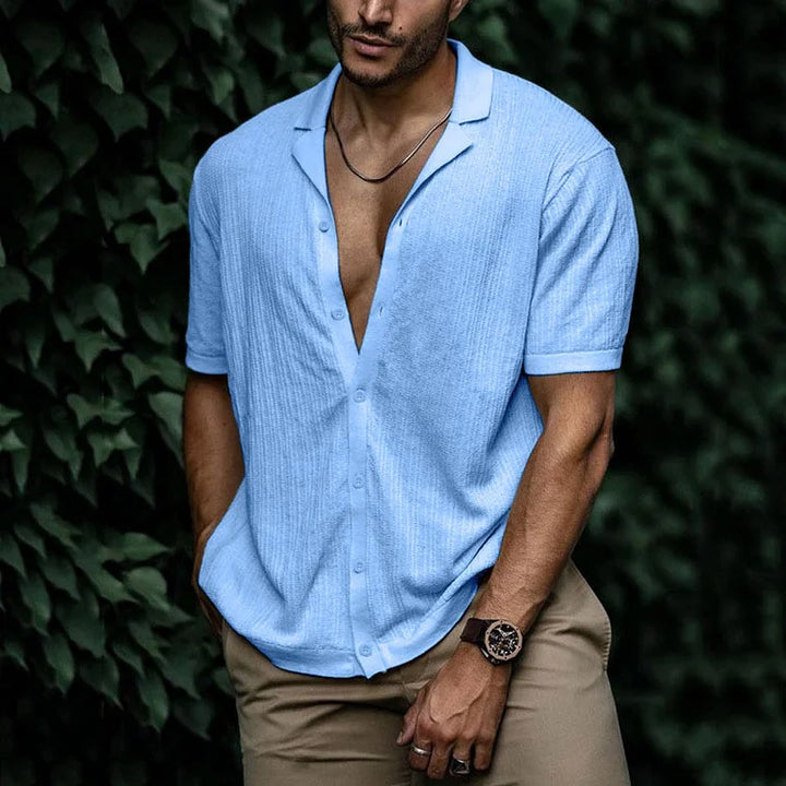 Men's stylish textured Cuban collar short sleeve summer shirt. Perfect for warm weather & casual style.