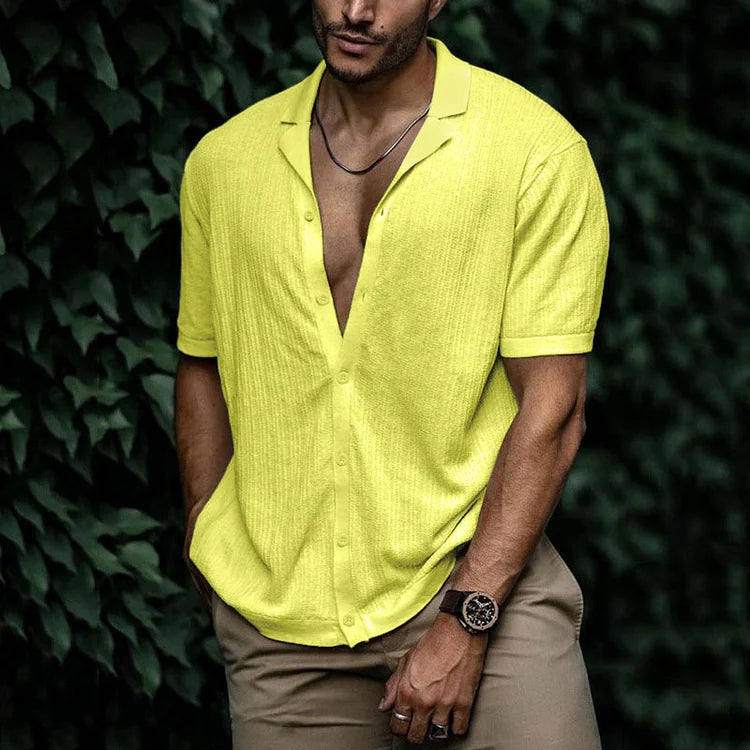 Comfortable textured short sleeve Cuban collar summer shirt for men. Breathable fabric, relaxed fit.