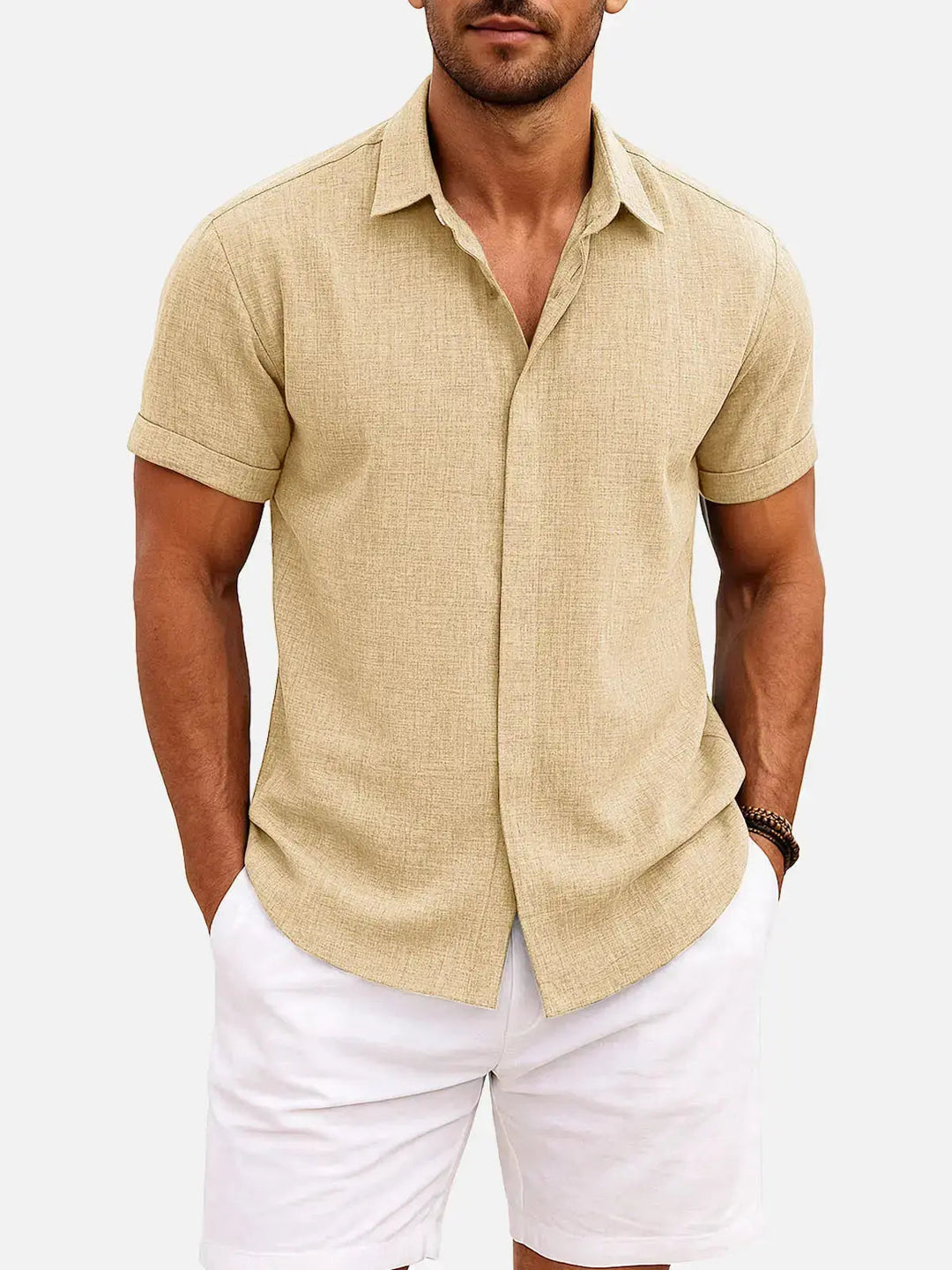 Stylish textured short sleeve button down shirt for men, great for versatile everyday wear.