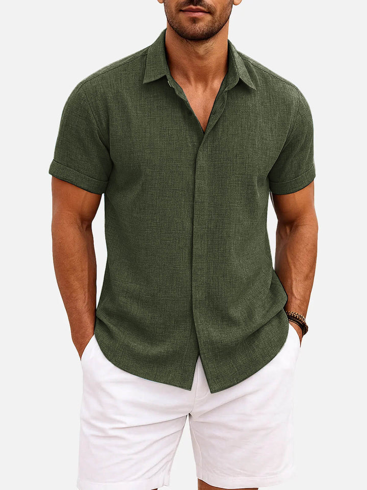Men's apparel: textured short sleeve button down shirt, modern and stylish for any occasion.