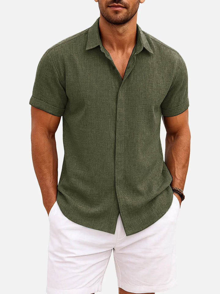 Smart casual men's textured button down, short sleeves, featuring a versatile design.