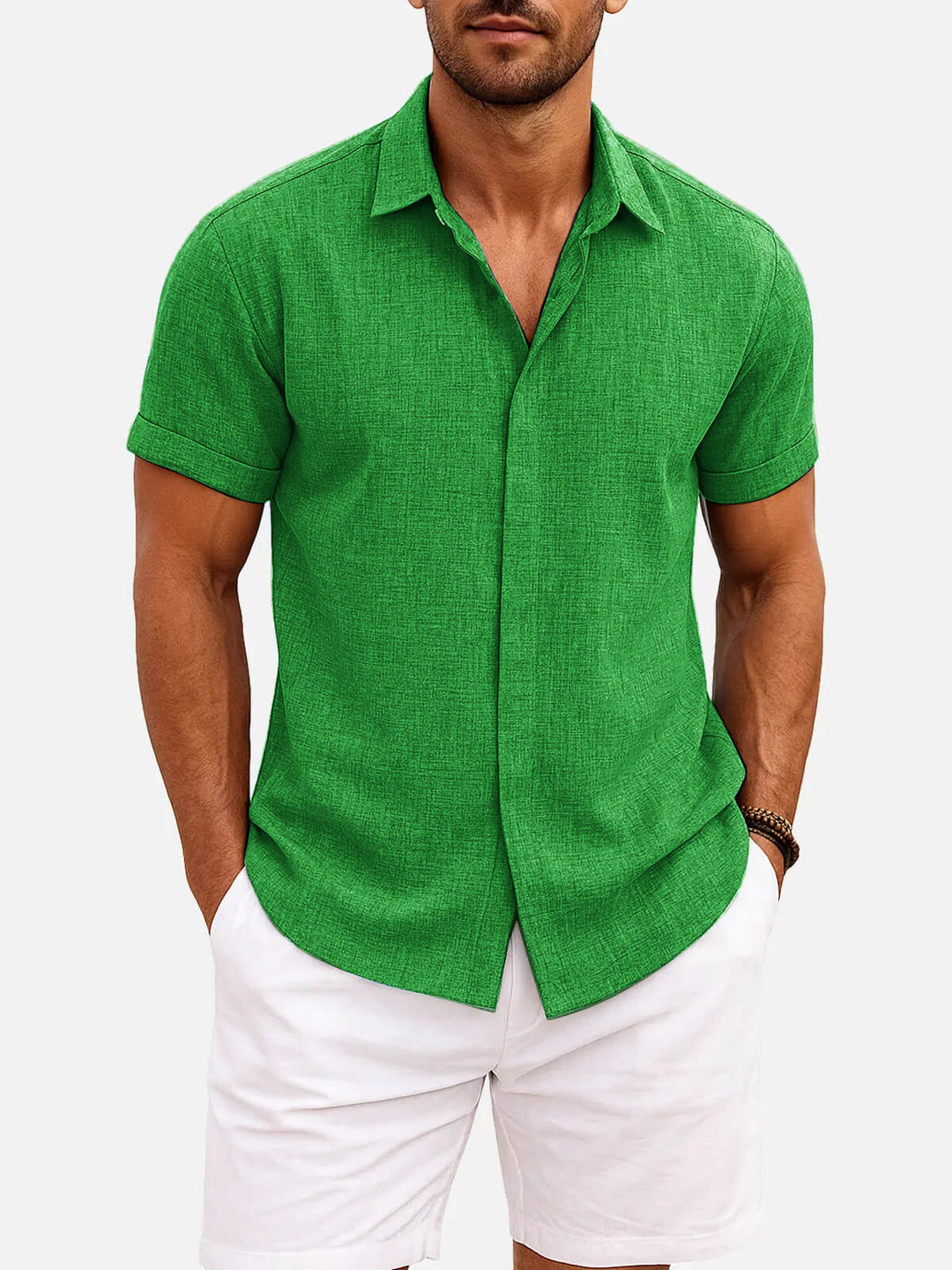Textured short sleeve men's shirt, button down, collared, for a contemporary modern style.