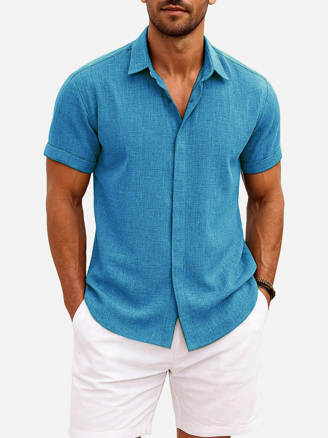 Men's fashion top: stylish textured short sleeve button down shirt for laid-back casual wear.