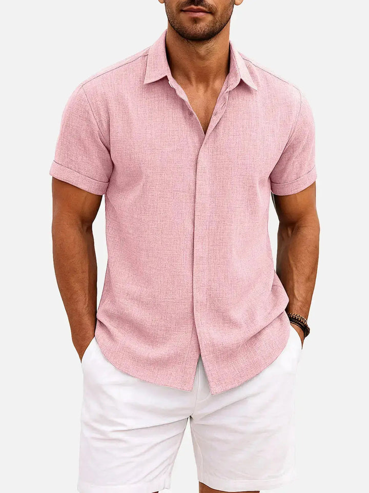 Everyday men's button down, short sleeve, textured fabric, comfortable and cool for warm weather.
