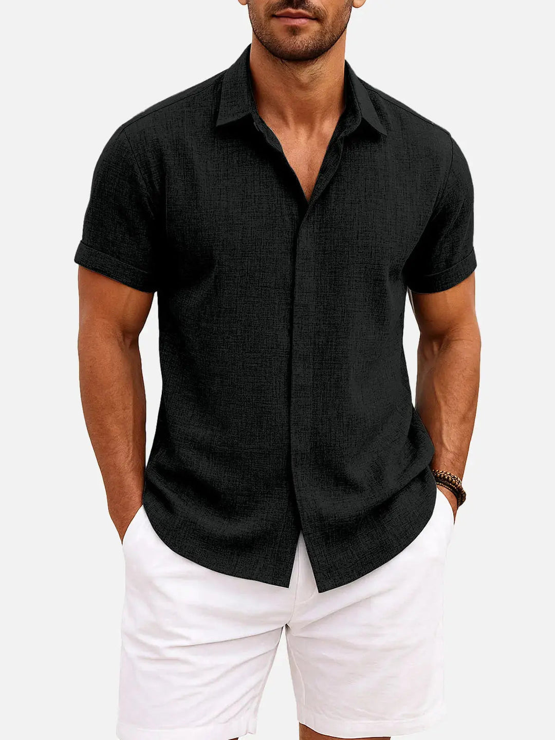 Modern fit men's casual shirt, short sleeve, textured fabric, button down closure.