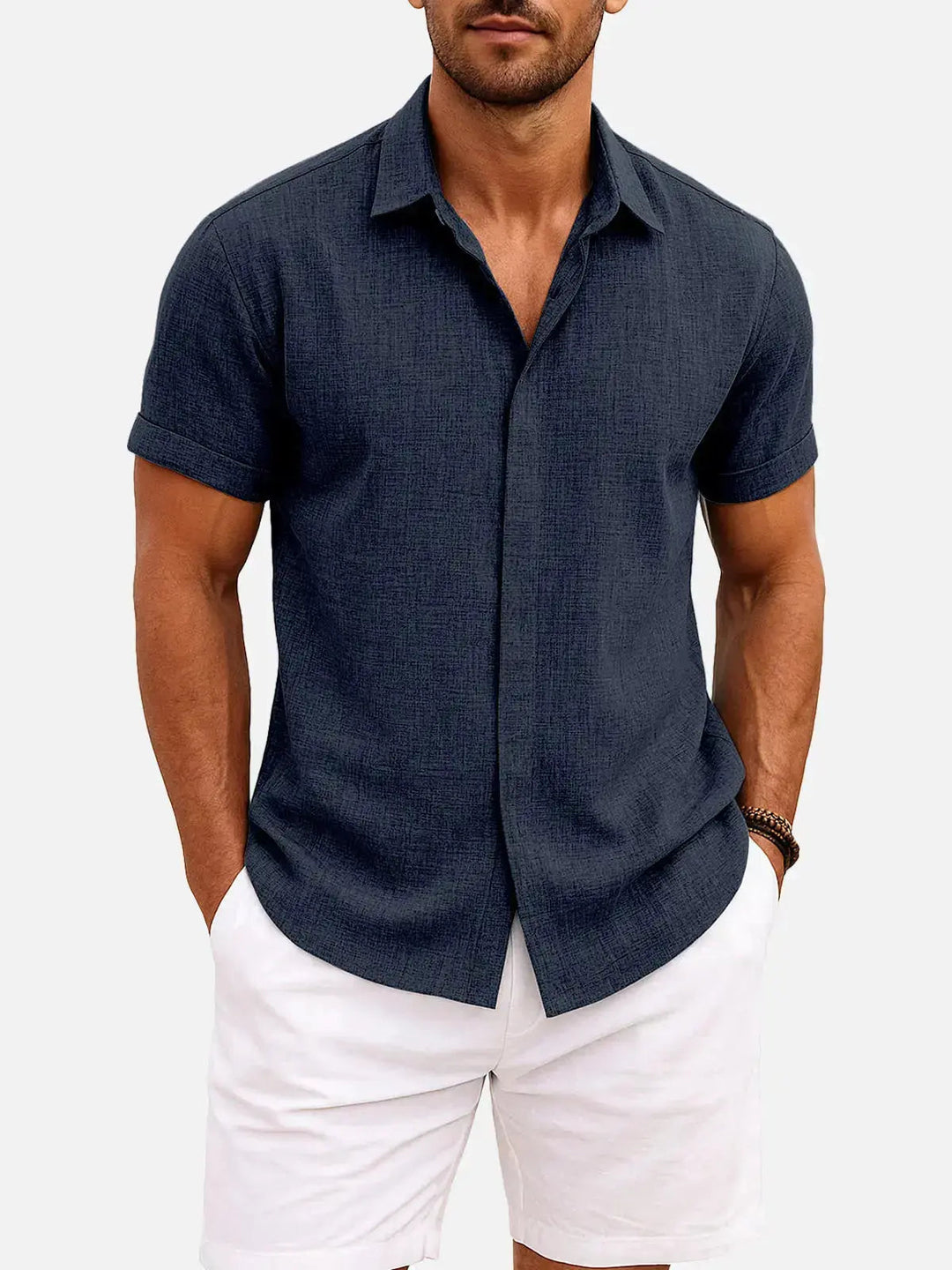 Everyday wear men's textured button down shirt, short sleeves, modern fit.