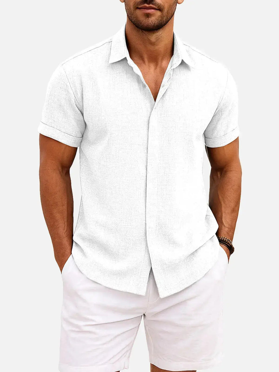 Stylish men's casual button down shirt, short sleeve, textured fabric, perfect for summer.