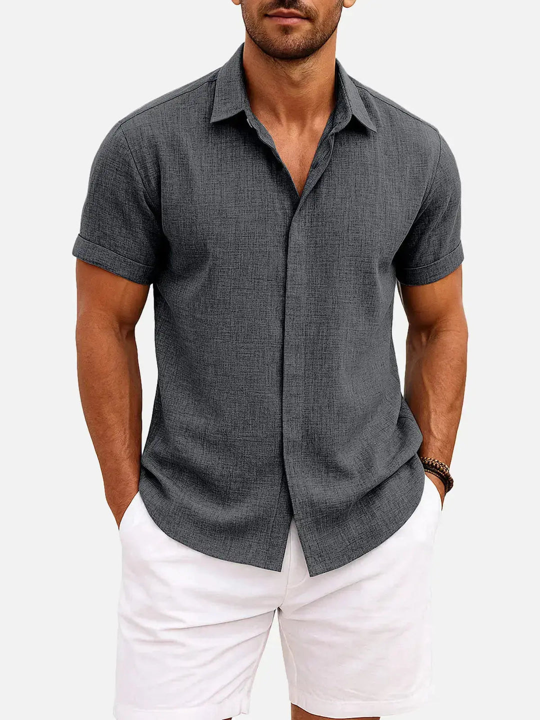 Trendy men's short sleeve collared shirt, textured pattern, button down front.
