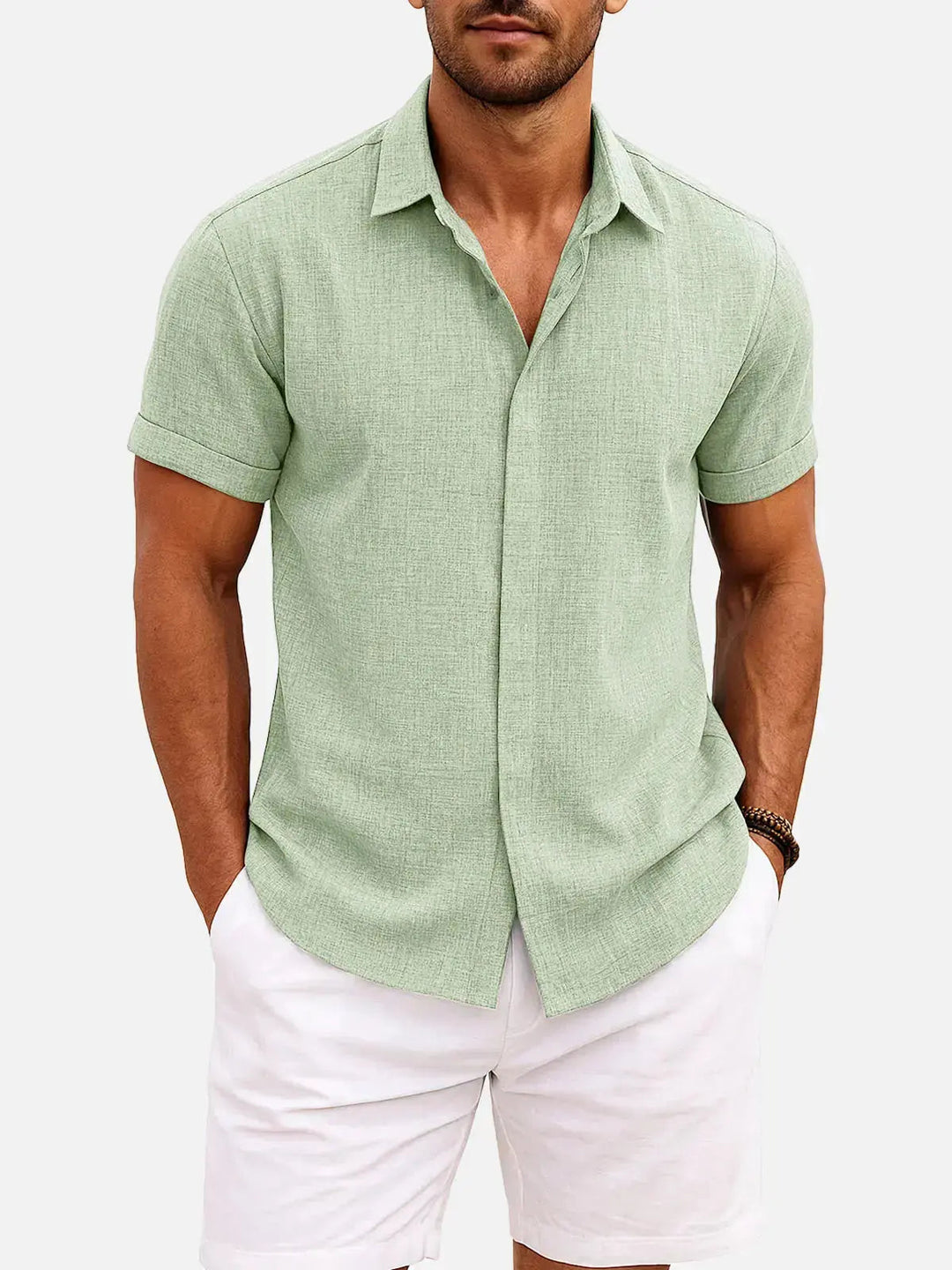 Men's modern fit textured button down shirt, short sleeves, perfect for a casual ensemble.