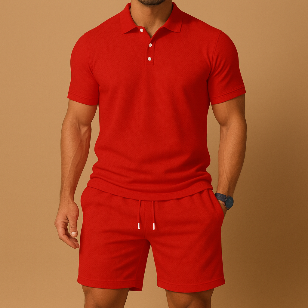 Men's comfortable polo and shorts set, perfect for beachwear, golf, or leisure summer outfits.