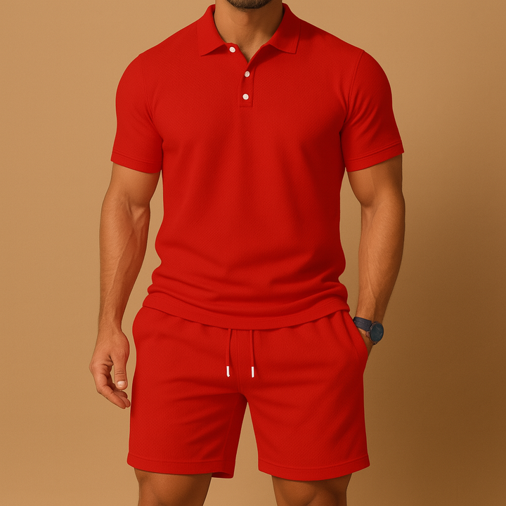 Men's comfortable polo and shorts set, perfect for beachwear, golf, or leisure summer outfits.