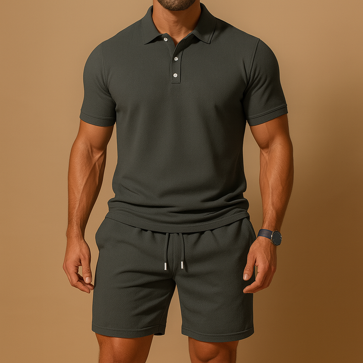 Modern men's polo & shorts combo, a versatile two-piece summer outfit for active or casual use.
